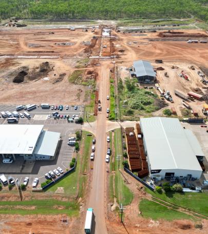 Alt text: Aerial view of bulk earthworks at Holtze Industrial Estate preparing serviced industrial lots